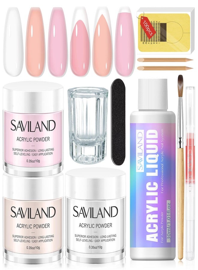 SAVILAND Acrylic Nail Kit for Beginners: Clear Nudes Pink Acrylic Powder and Liquid Set with #12 Acrylic Nail Brush Cuticle Oil Pen Forms Tools Extension Nail Kit with Everything Home DIY - Image 1